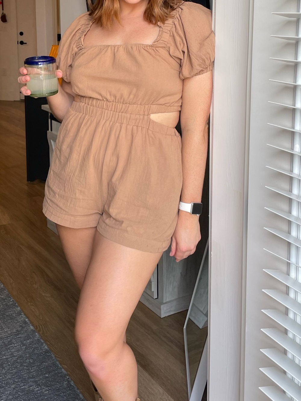 vestique Taupe Puff-Sleeve Smocked Romper